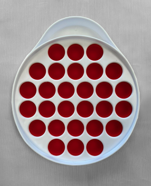 Red and white round pop bubble - flattened bubbles