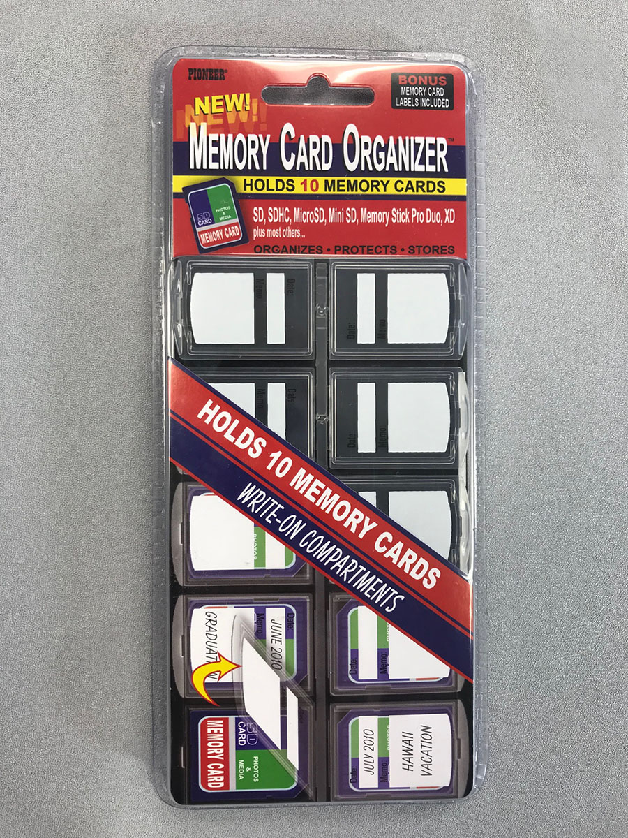 Front view of clear SD Memory Card Organizer in package
