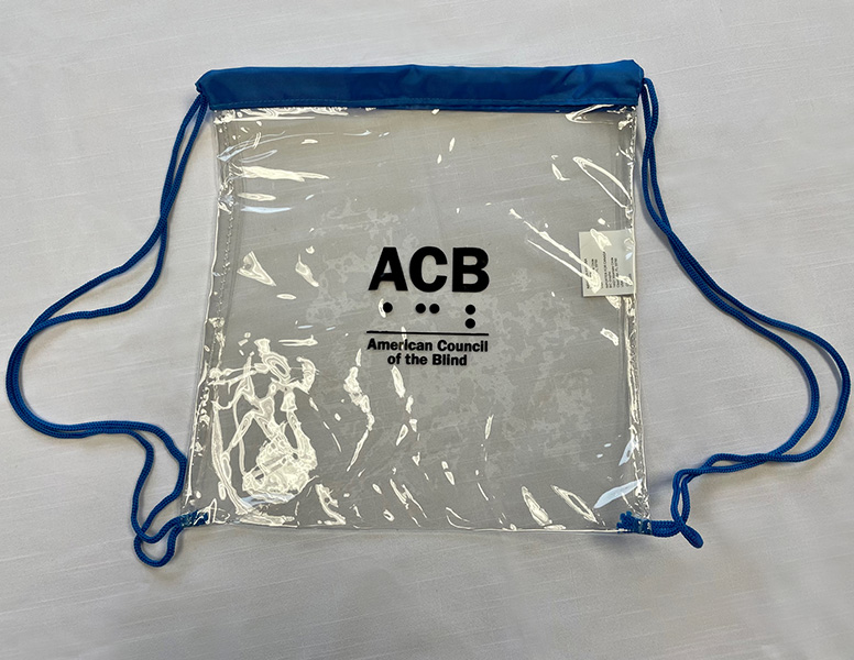 Clear drawstring bag with ACB logo and royal blue trim