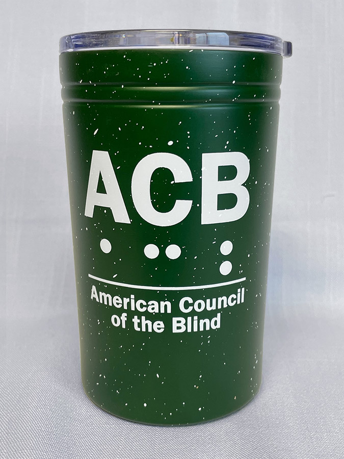 Green tumbler with white speckles and ACB logo - front view with lid on top