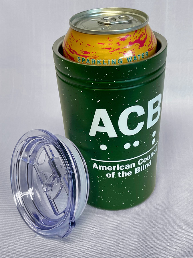 Green tumbler with white speckles and ACB logo - front view with beverage can inside