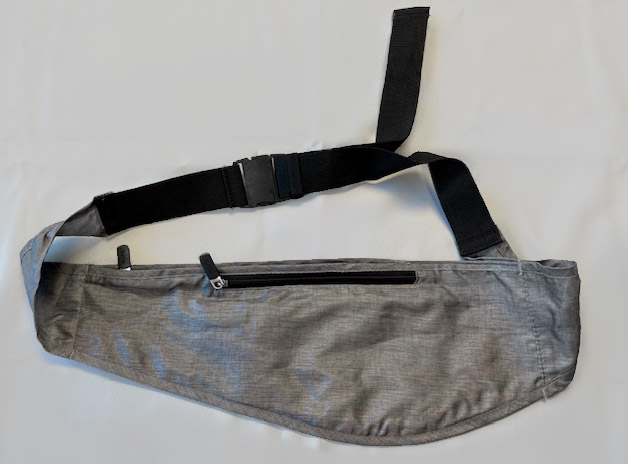 Back view of heather gray sling bag with black strap