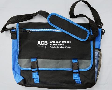 Black with blue trim Buckle Briefcase - front side with ACB logo