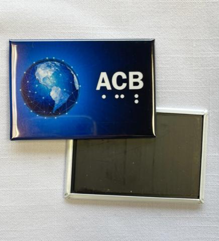 Rectangular magnet front view with globe image and logo, and back magnet view