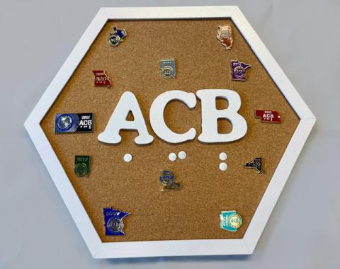 Front view of hexagonal shaped cork board with large white ACB logo in middle and white hexagon frame