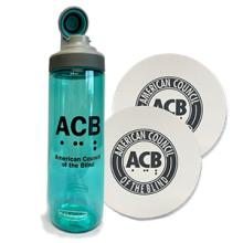 ACB Rubbermaid Chug Tritan Bottle beside two ACB stone coasters